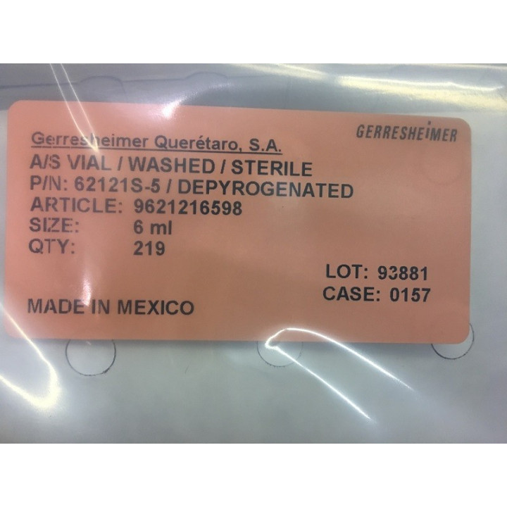 6mL (5ml shorty) Clear Sterile Open Vials, 22x40mm, Depyrogenated, Ream of 219 pieces